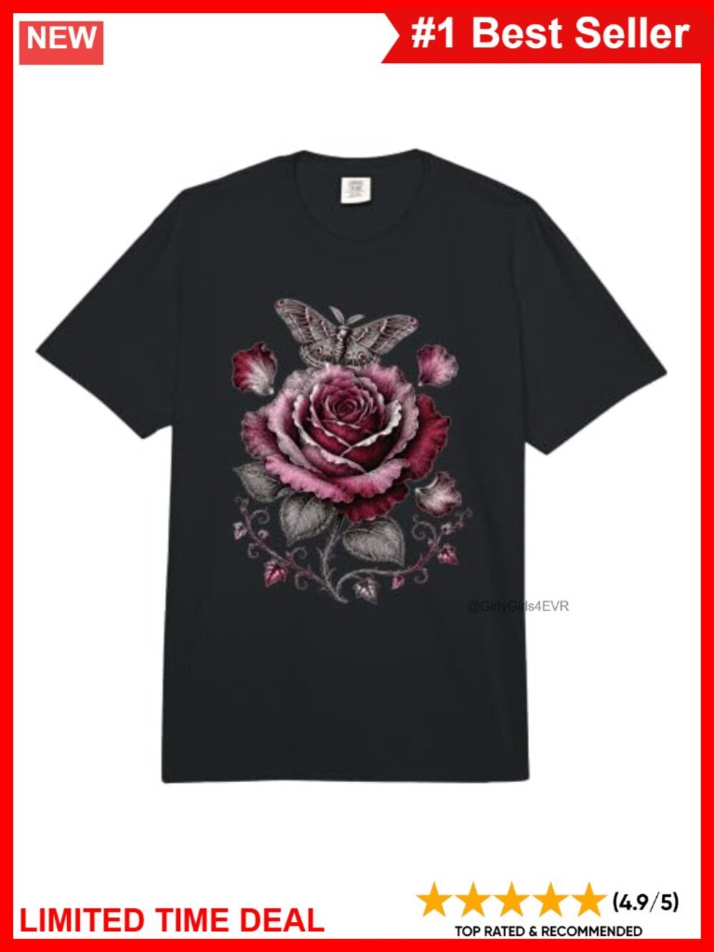 Comfort Colors Gothic Floral Moth Rose Heavyweight T-Shirt